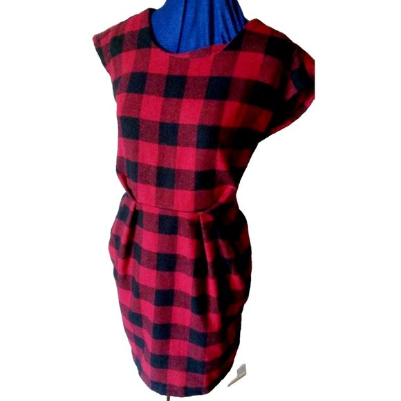 Vintage 90s buffalo plaid black & red checkered wool blend shift dress M - Picture 9 of 11